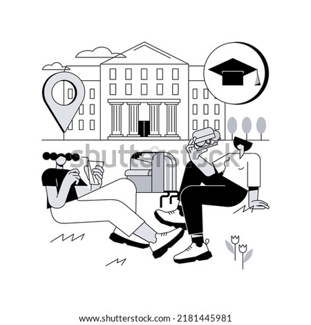 College campus abstract concept vector illustration. College campus tours, university events, institutional buildings, students group, homework on grass, break after classes abstract metaphor.