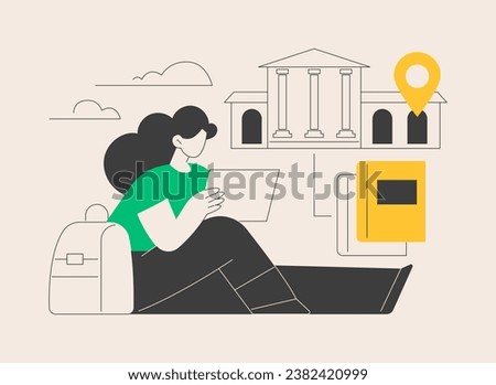 College campus abstract concept vector illustration. College campus tours, university events, institutional buildings, students group, homework on grass, break after classes abstract metaphor.