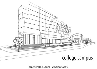 college campus building, Landscape view of a university with students walking and sitting on the grass on a campus. A college or university building in 