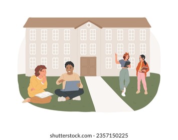 College campus isolated concept vector illustration. College campus tours, university events, institutional buildings, students group, homework on grass, break after classes vector concept.