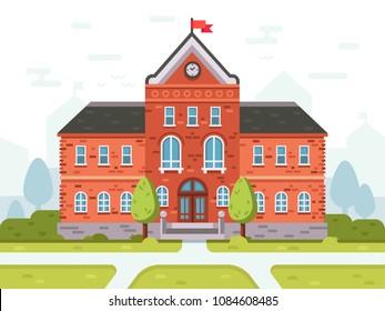 College Campus For Students, School High Or University Building. Student House Entrance Vector Illustration