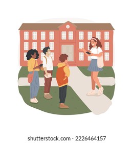 College campus trip isolated cartoon vector illustration. Group of young teens guided by college student, campus life experience, high school tour, class field trip, excursion vector cartoon.