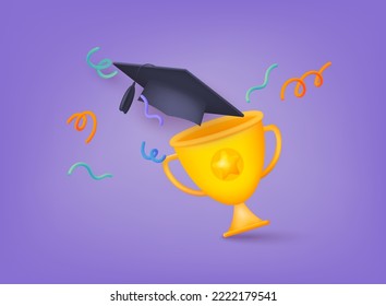 College cap and winner cup icons. Minimal background for online education concept. 3D Web Vector Illustrations. 
