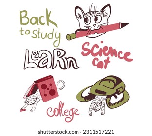 College cats vector. Lettering about study. Back to school, Back to college or university