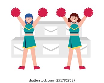 College cheerleaders dancing, supporting the club of unveristy. Character design. Vector flat illustration