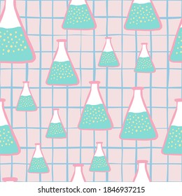 College chemical seamless random pattern with blue medicine flask ornament. Light pink chequered background. Decorative backdrop for wallpaper, textile, wrapping, fabric print. Vector illustration.