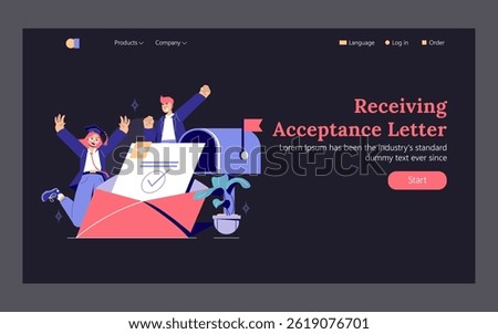 College choice excitement and acceptance letter moment. Celebrating achievement with joyful graduates. Importance of decisions and opportunities. Encouragement for prospective students. Vector
