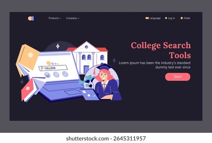 College choice platform. A student explores options for higher education using online tools and resources. Emphasis on digital guidance, research, and informed decision-making. Vector illustration.