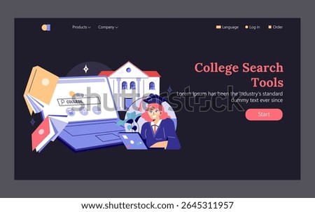 College choice platform. A student explores options for higher education using online tools and resources. Emphasis on digital guidance, research, and informed decision-making. Vector illustration.