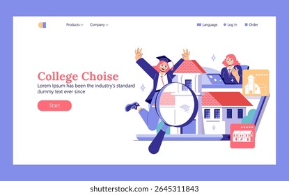 Plataforma College Choice. Os alunos exploram faculdades e tomadas de decisão, apresentando indivíduos entusiásticos e uma interface de laptop. Descobrir a instituição certa é uma jornada de entusiasmo e