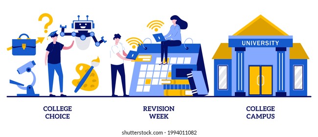 College choice, revision week, college campus concept with tiny people. Career choice abstract vector illustration set. Important decision making, higher education institution choosing metaphor.