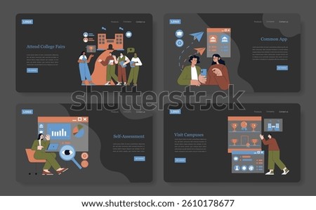 College Choice set. Steps to choose the right college featuring fairs, applications, self-assessment, and campus visits. Vector illustrations.