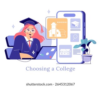 College choice is a significant step for students. The illustration represents a graduate using a laptop and smartphone to research college options, highlighting the importance of informed decision