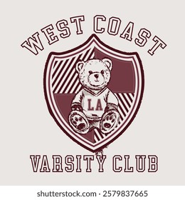 College City varsity slogan with Teddy Bear Illustration Sporty Badge City slogan