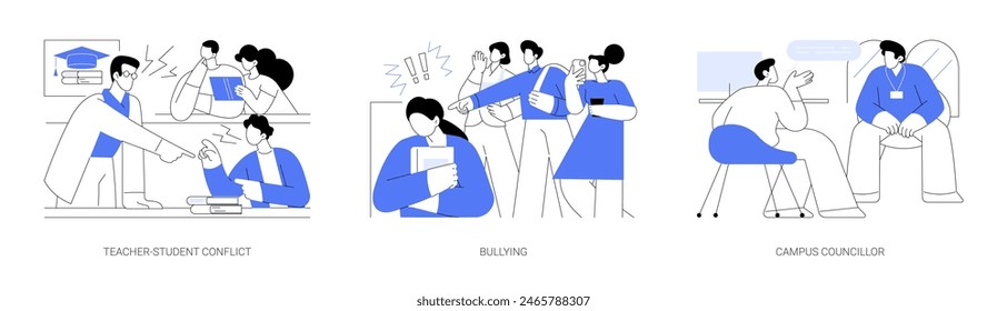 College conflicts isolated cartoon vector illustrations set. Student having conflict with teacher, bullying problem, discrimination in a class, discuss issue with campus councillor vector cartoon.