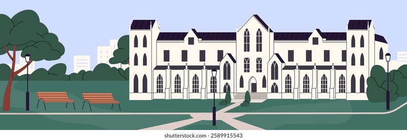 College courtyard with benches, paths, lawns. Building of university campus with yard. European facade of mansion, manor. Old architecture of high school with park, garden. Flat vector illustration