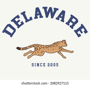 College Delaware varsity slogan typography for t-shirt. Varsity slogan print tee shirt, sport apparel print. Vintage graphics. Vector illustration.