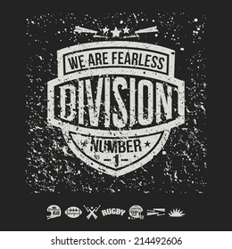 College division rugby emblem and icons graphic design for t-shirt. White print on a dark background