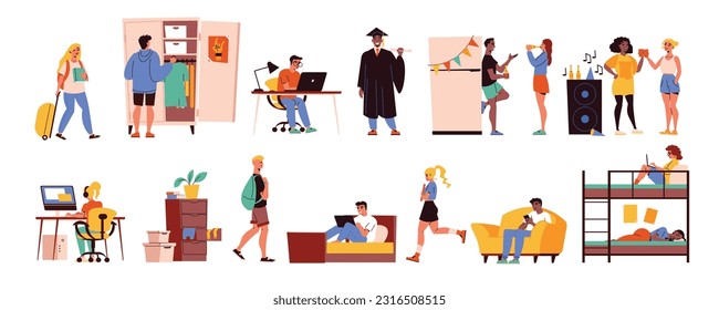 Interior de dormitorio universitario con escenas de la vida diaria estudiantil ilustración vectorial aislada plana