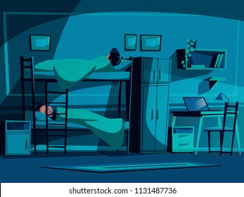 College dormitory vector illustration of classmates sleeping on bunk bed at night. University student hostel interior background with furniture, computer laptop on table, bookshelf and chair