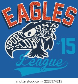 College Eagles with mascot and letters, League 15 Varsity style. fashion design.