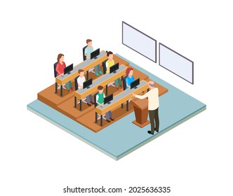 College education. Back to school, students at lesson or lecture. Teacher on podium, professor talk with children, isometric vector concept