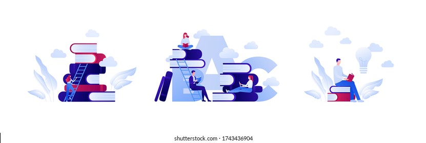 College education and book reading is ladder of success concept. Vector flat person illustration set. Collection of people character read, stack of book. Design for banner, infographic