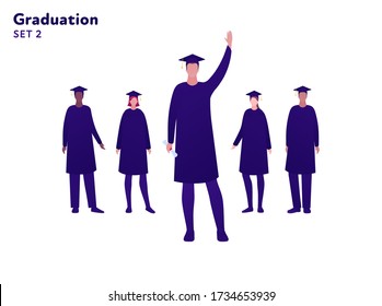 College education and graduation celebration concept. Vector flat person illustration set. Group of multi-ethnic student male and female in gown, hat hold diploma. Design for banner, infographic, web.