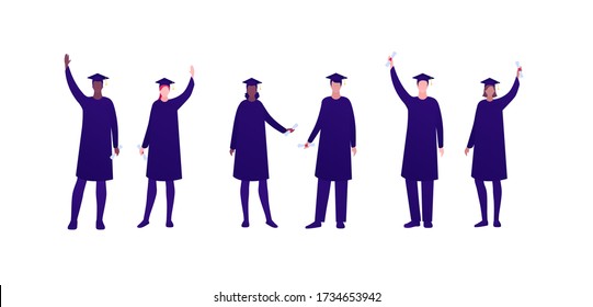 College Education And Graduation Celebration Concept. Vector Flat Person Illustration Set. Group Of Multi-ethnic Academic Men And Women In Gown, Hat Hold Diploma. Design For Banner, Infographic, Web.
