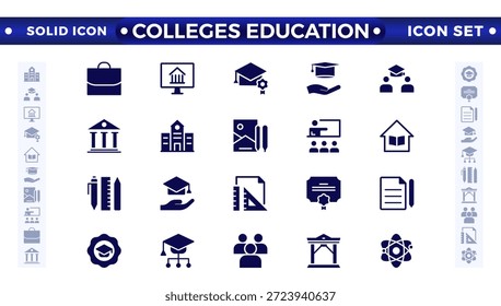 Iconos sólidos de la educación universitaria. Conjunto de iconos de la escuela. Icono de la universidad. Conjunto de iconos de regreso a la escuela. Aula, alumnos y profesor. Icono sólido de Educación y conocimiento.