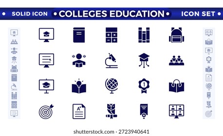 Iconos sólidos de la educación universitaria. Conjunto de iconos de la escuela. Icono de la universidad. Conjunto de iconos de regreso a la escuela. Aula, alumnos y profesor. Icono sólido de Educación y conocimiento.