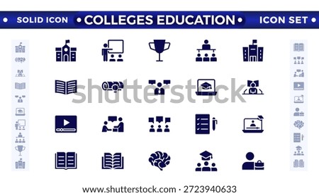 College education solid icons. School icon set. University icon. Back to school icon set. Classroom, students, and teacher. Education and knowledge solid icon.