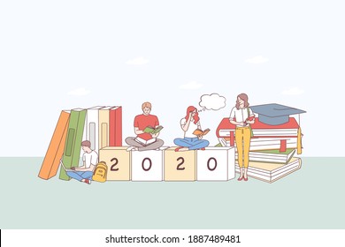 College Education, Student Learning Concept. Group Of Tong People Students Sitting On Stack Of Books, Learning, Typing Texts And Thinking On 2020 Cubes Below Vector Illustration 