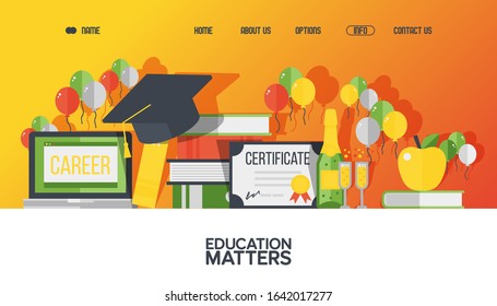 College education website design, graduation party vector illustration. High school landing page template, university certificate, distance education online. Flat style graduation celebration icons