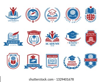 College emblem. School or university badges and labels vector logotype collection