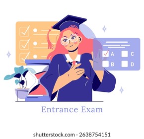 College entrance exam preparation focuses on the journey to higher education. It illustrates a student confidently managing exam checklists and decisions, highlighting motivation and determination
