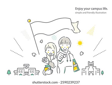 College entrance, new freshman, simple and stylish line drawing illustration
