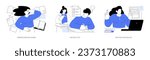 College exams isolated cartoon vector illustrations set. Worries before exams, students writing test, waiting for results, knowledge check assessment, stressful student life vector cartoon.