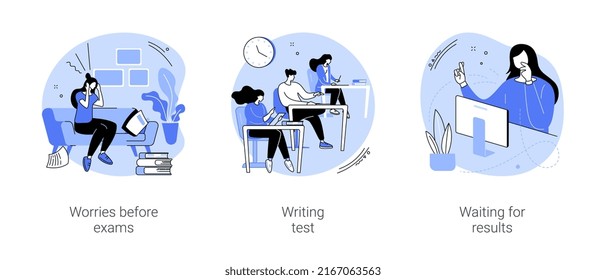 College Exams Isolated Cartoon Vector Illustrations Set. Worries Before Exams, Students Writing Test, Waiting For Results, Knowledge Check Assessment, Stressful Student Life Vector Cartoon.