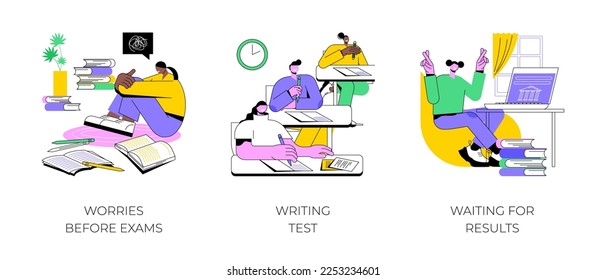 College exams isolated cartoon vector illustrations set. Worries before exams, students writing test, waiting for results, knowledge check assessment, stressful student life vector cartoon.