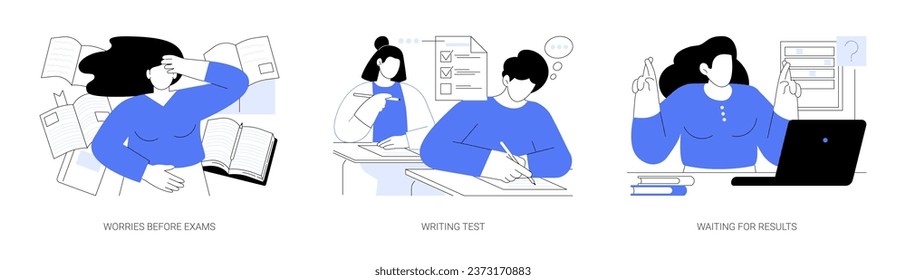 College exams isolated cartoon vector illustrations set. Worries before exams, students writing test, waiting for results, knowledge check assessment, stressful student life vector cartoon.