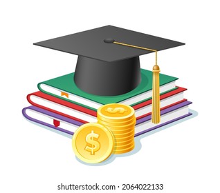 College expense budget. Academic hat on books and money, expensive learning budgeting, school education costs finance, university fee spending, degree savings and study loan