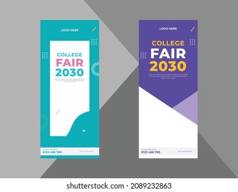 college fair roll up banner design template. college conference poster leaflet design. cover, roll up banner, poster, print-ready