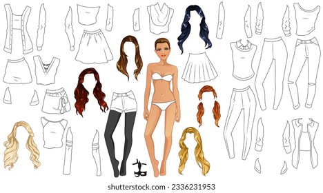 College Fashion Coloring Page Paper Doll with Cute Cartoon Character, Clothes and Hairstyles. Vector Illustration