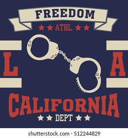 College fashion design print handcuffs for t-shirt Los Angeles. California Sport Typography, vintage Vector