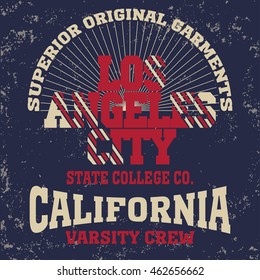 College fashion design print for t-shirt Los Angeles. California Sport Typography, vintage Vector