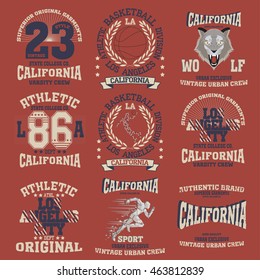 College fashion design print for t-shirt Los Angeles set. California Sport Typography, vintage Vector