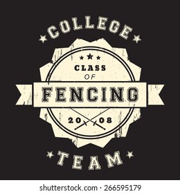 College Fencing Team vintage grunge round emblem with crossed foils, vector illustration, eps10, easy to edit