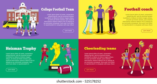 College Football Team. Football Coach. Heisman Trophy. Cheerleading Girls Web Banners. Set Of Banners Of Players Near College, Thoughtful Football Coaches Golden Award, Cheerleading Girl Teams. Vector