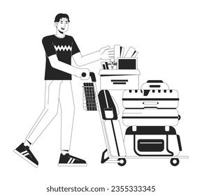 College freshman with belongings bw vector spot illustration. College kid with bags 2D cartoon flat line monochromatic character for web UI design. Moving to dorm editable isolated outline hero image